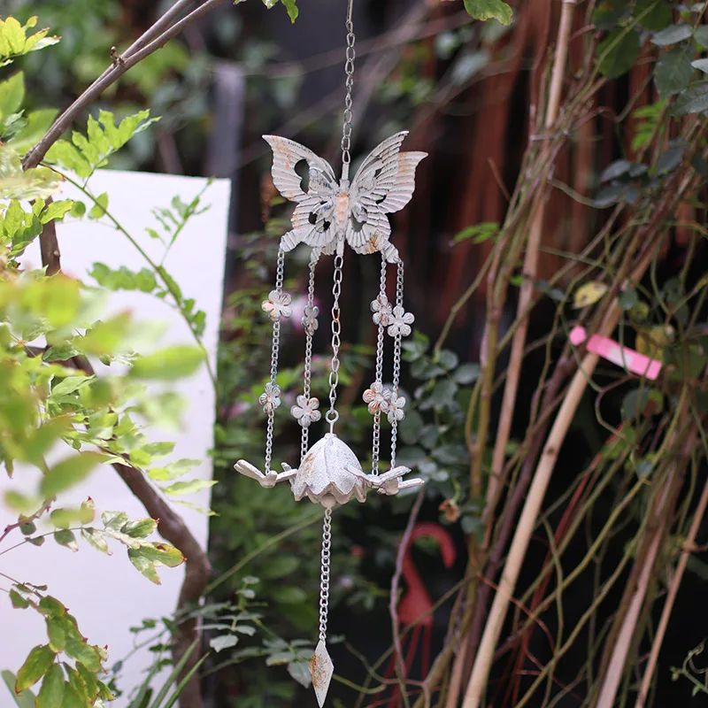 Ironwork vintage butterfly dragonfly wind chime distressed creative decorative hanging ornaments garden courtyard