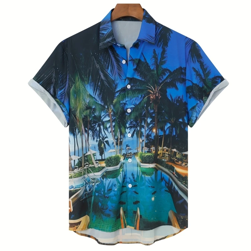 Hawaiian Men's Shirt Summer Loose Print Short Sleeve Pool And Palm Trees Graphic Tee Lapel Button Shirts Oversized Men Clothing