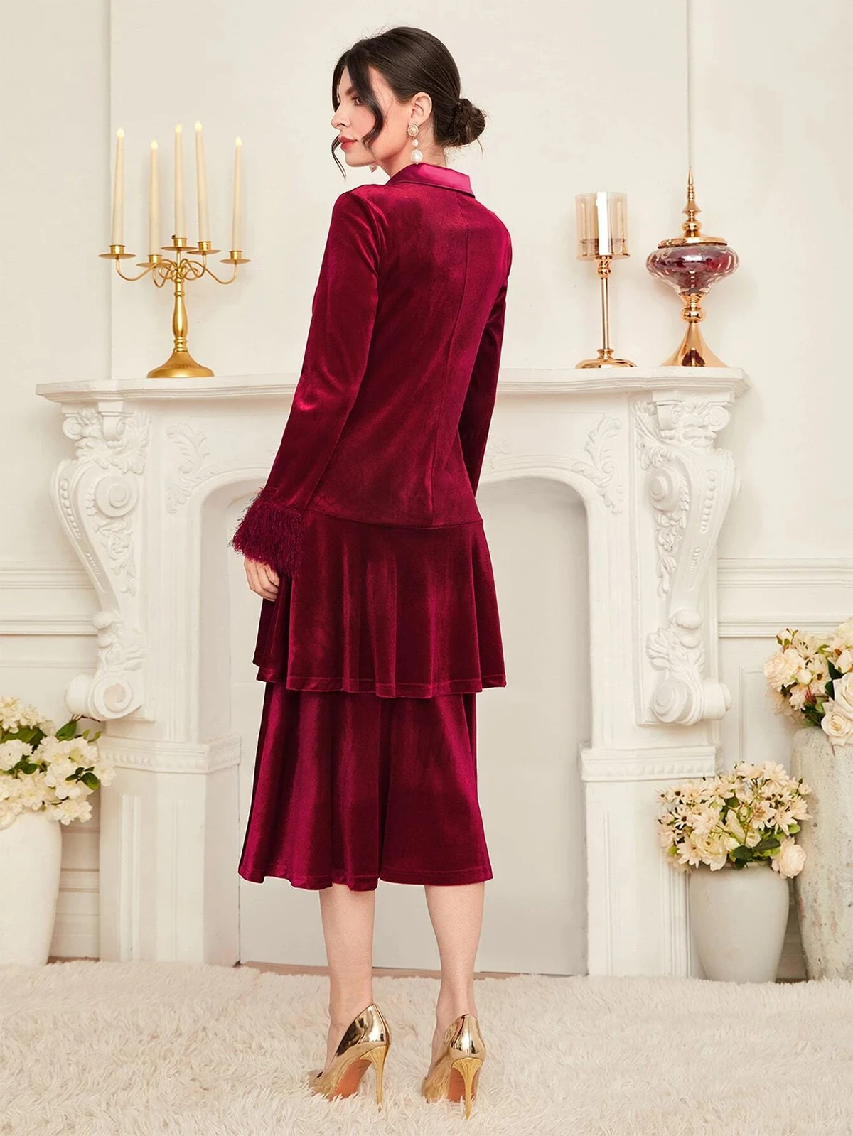 Robe de soirée en velours bordeaux pour femmes, ensemble deux pièces, veste et jupe, col en V, Tuxedos pour mariage