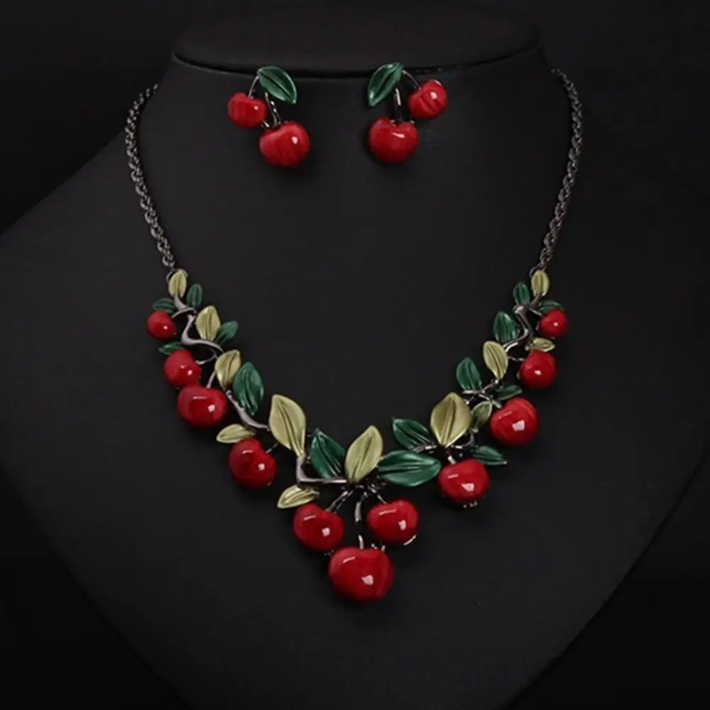 1 Set Vintage Red Cherry Fruit Jewelry Set Chic Bridal Necklace Earrings Jewelry Set