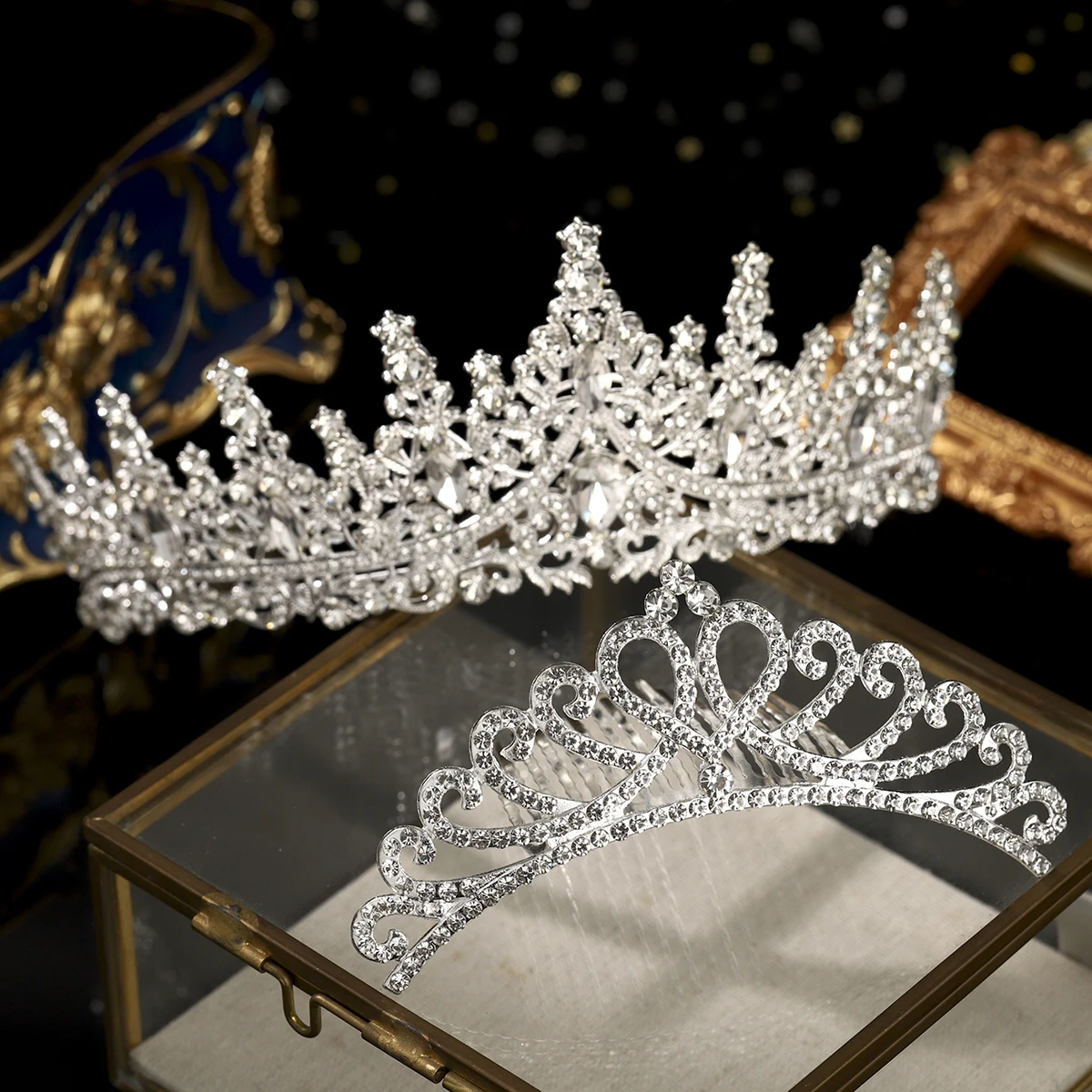 

Sliver Exquisite Crystal Bridal Tiara Set Cute Crown With Hair Combs Party Mother-daughter Headpieces Hair Accessories