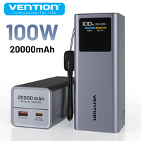Vention Power Bank 20000mAh 100W PD Fast Charger with Built-in Type-C Cable External Spare Battery Portable PowerBank for Laptop