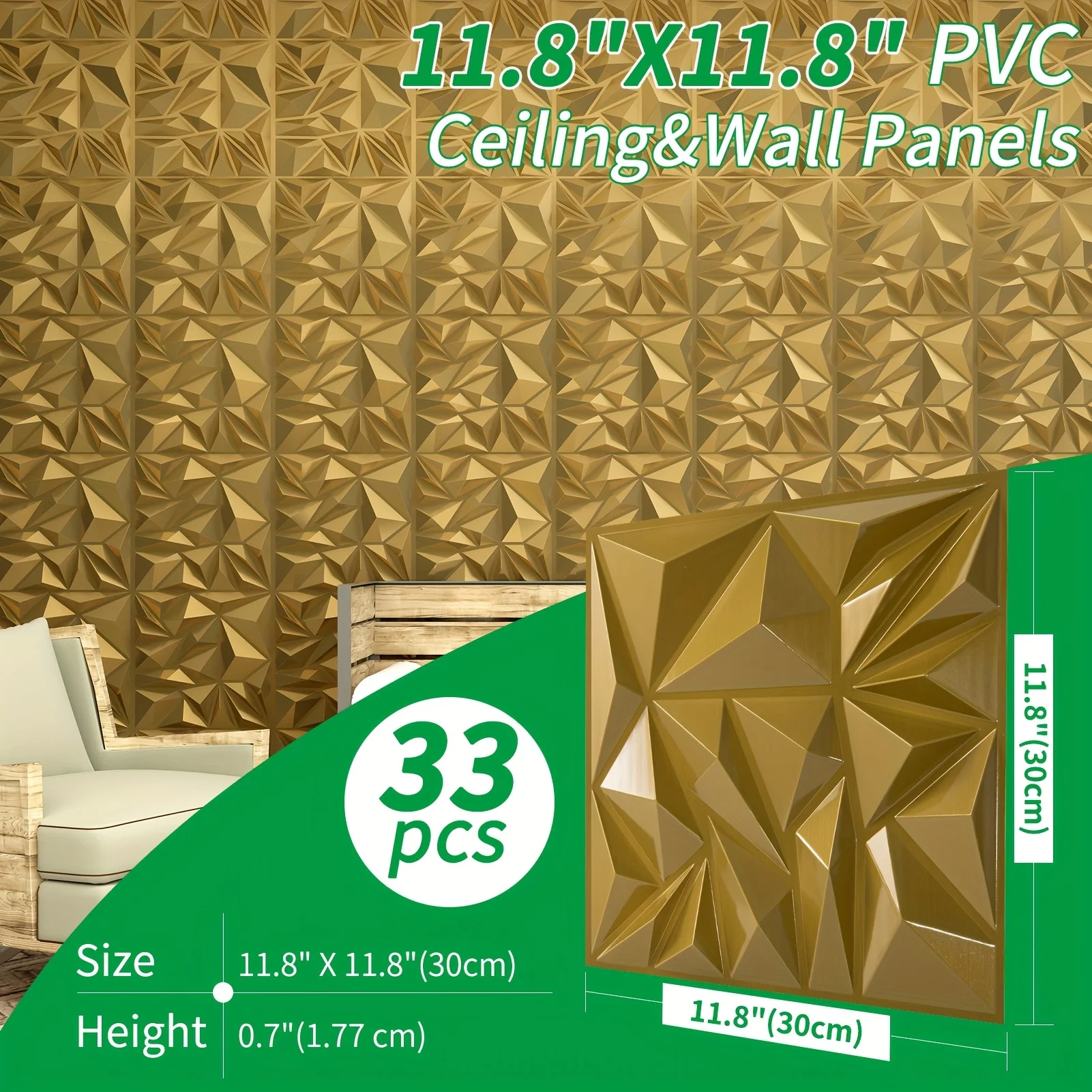 

PVC Laminated Sheets-11.8" X 11.8" X 0.7" Each Piece, Total Cover About 32 Sq.Ft. Suit for Wall Decor Home Decor, Golden Silver