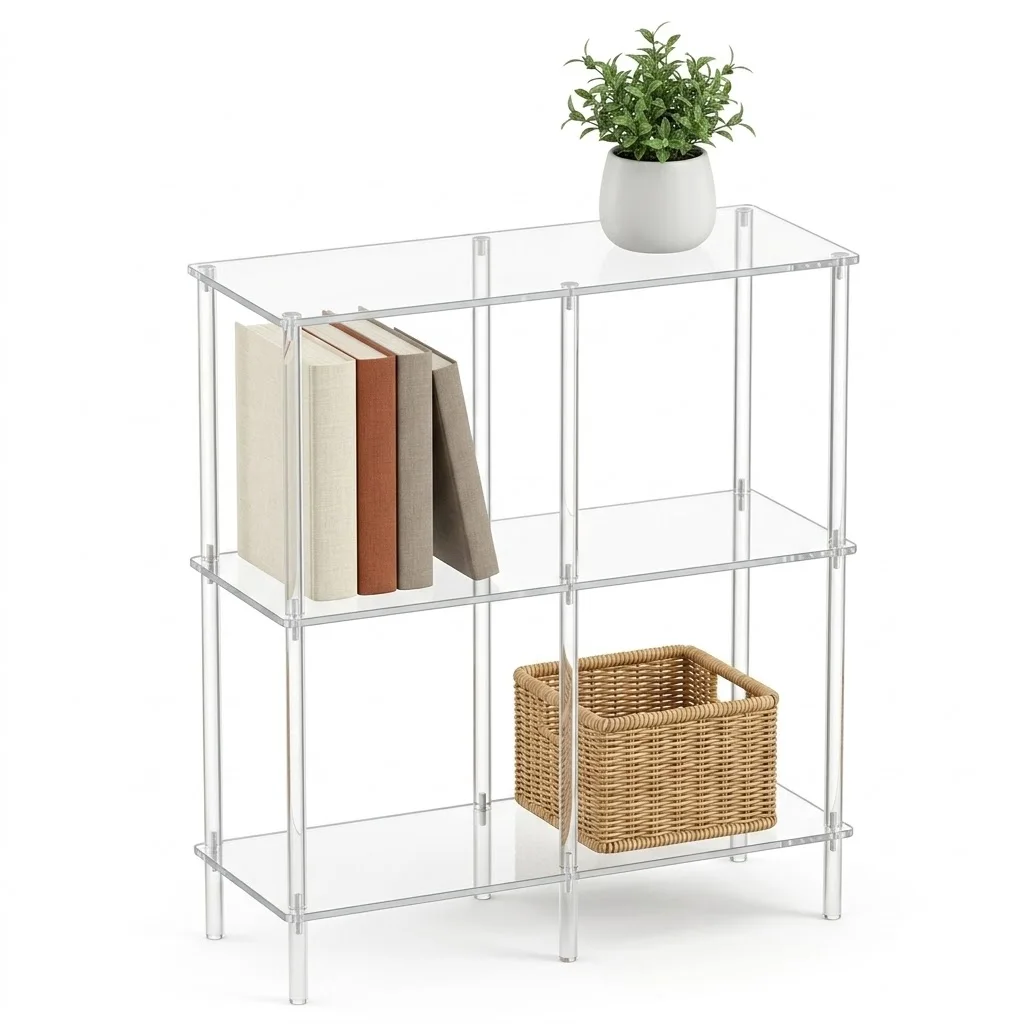Acrylic Bookshelf 3 Tier, Clear Small Bookcase 27.5" Tall for Small Spaces, Low Open Display Shelf for Books Plants Collectibles, Modern Narrow Storage Shelving for Home Office Living Room Bedroom