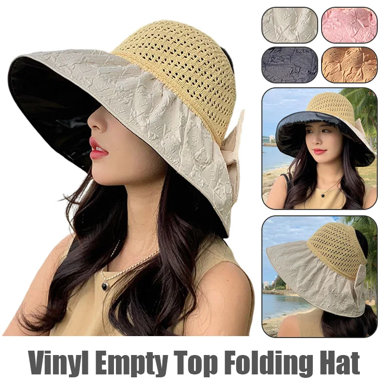 

Fashion Big Brim Bow Women Sunshade Hat Hollow Out Empty Top Fisherman Hats Summer Outdoor Beach Anti-Ultraviolet Panama Caps