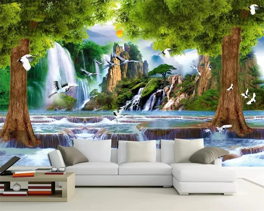 papel-de-parede-personalizado-com-foto-de-paisagem-arvore-cachoeira-mural-3d-grua-montanhas-rios-sol-natureza-quarto-restaurante-sala-de-estar-8d