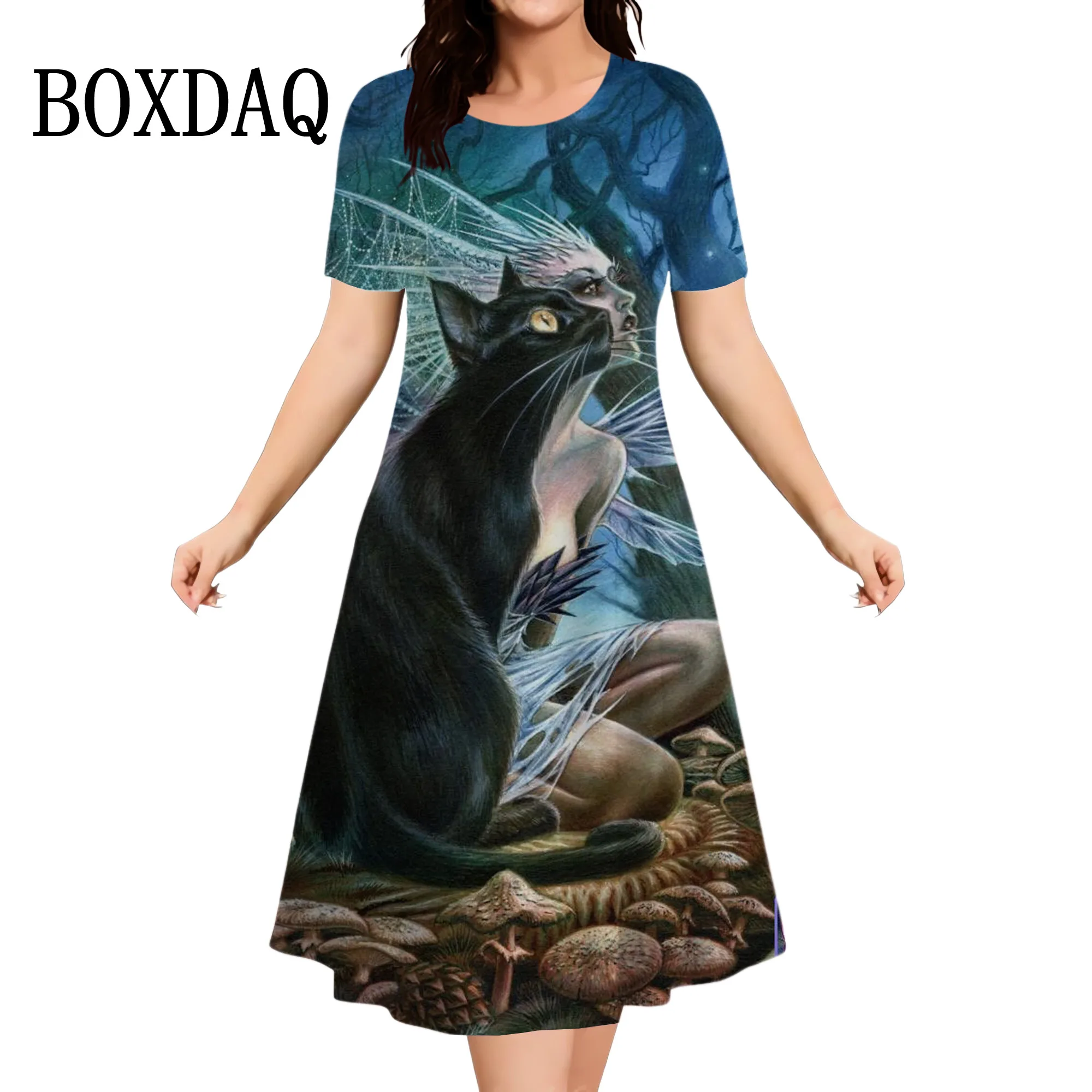 

Painting Cat Character 3D Printed Dresses For Women 2024 Summer Ladies New Dresses Casual O-Neck Short Sleeve Loose Mini Dress