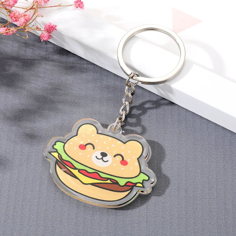 1Pc Cute Acrylic Animal Hamburger Keychain Keyring For Women Gift Fashion Simple Fruit Drink Juice Pendant Bag Car Box Key Chain