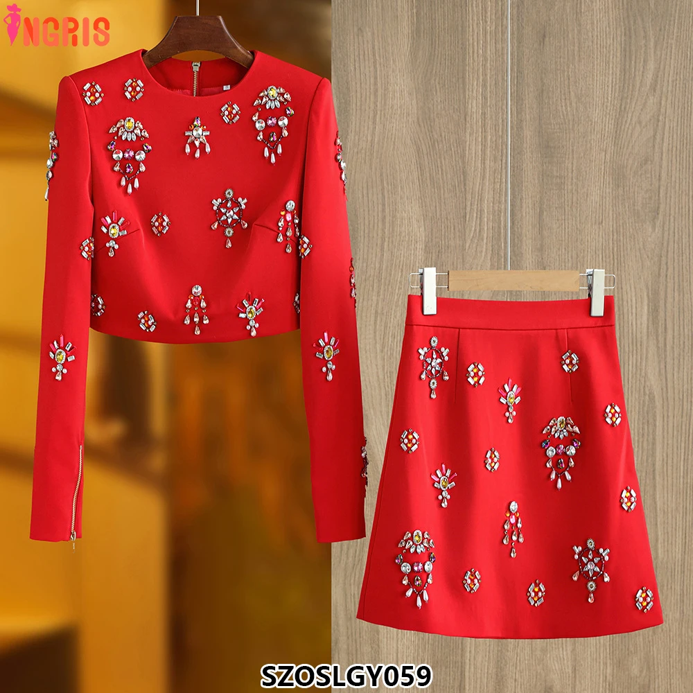 

Fashionable and elegant overweight nail long-sleeved round neck dress temperament dress two-piece suit-SZOSLGY059