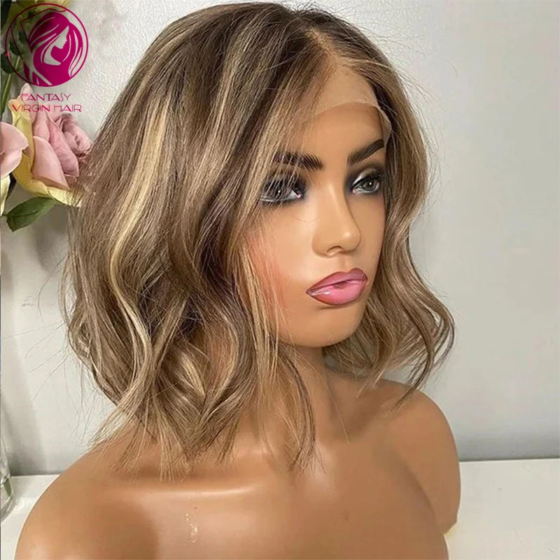 Glueless Human Hair Wig Natural Brown Honey Blonde highlights Lace Frontal Wigs Short Bob Front Wig Virgin Hair Wavy Pre Plucked