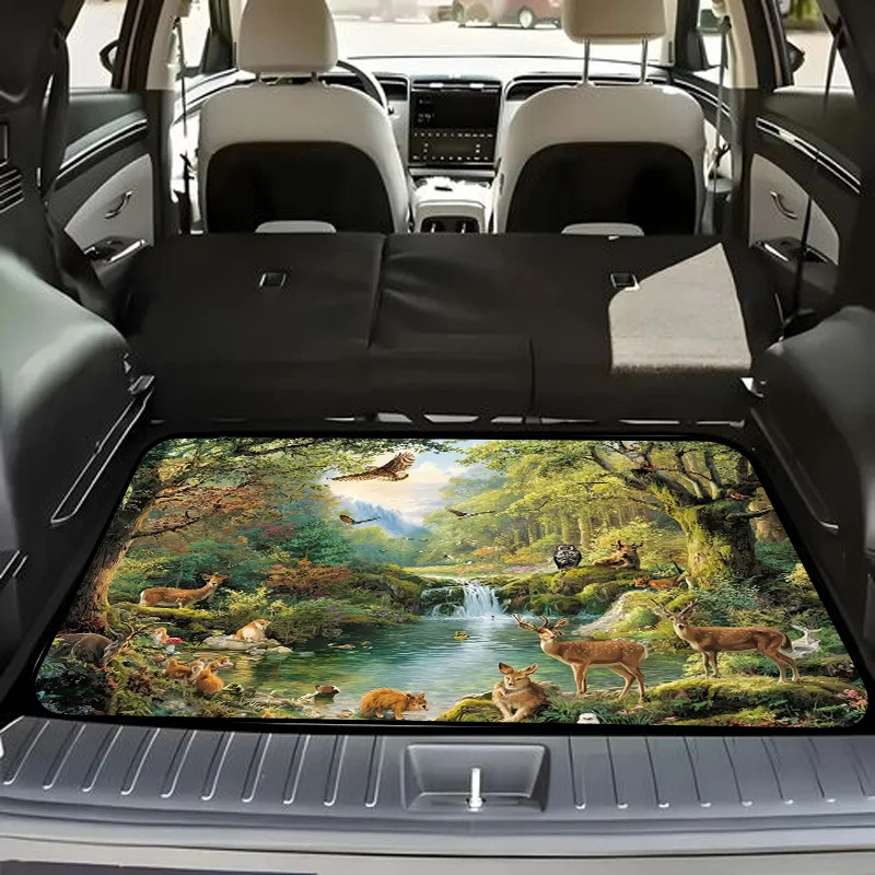 1pc Stylish Car Trunk Mat WithLush Forest Waterfall Scene With Animals, Sunlight Filtered Through Canopy, Rich Greens And Earthy