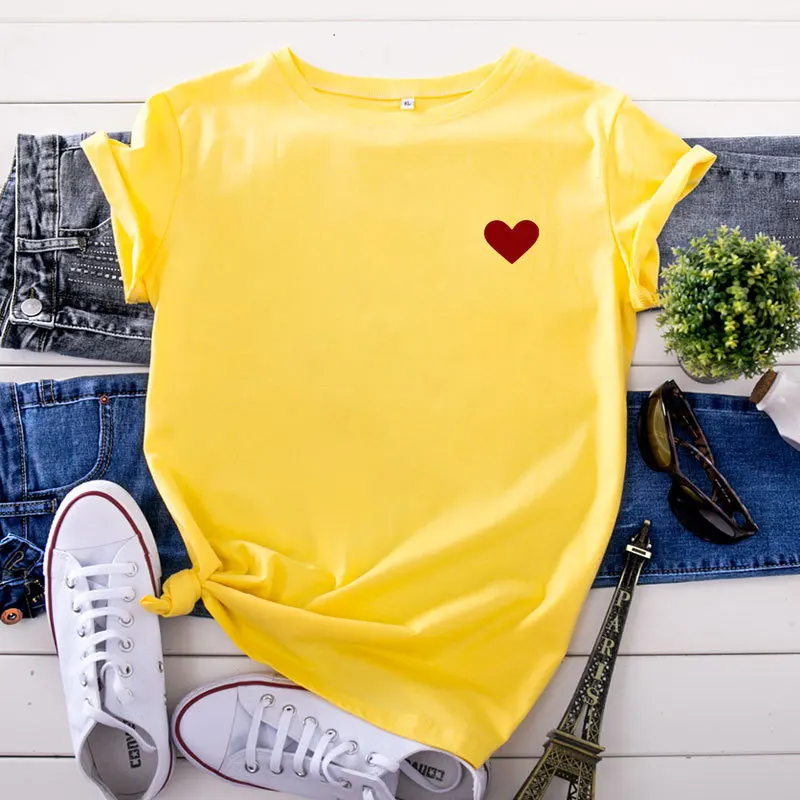 Camiseta Casual De Manga Corta Y Cuello Redondo Con Estampado De Coraz%c3%b3n Para Mujeres P 61339337