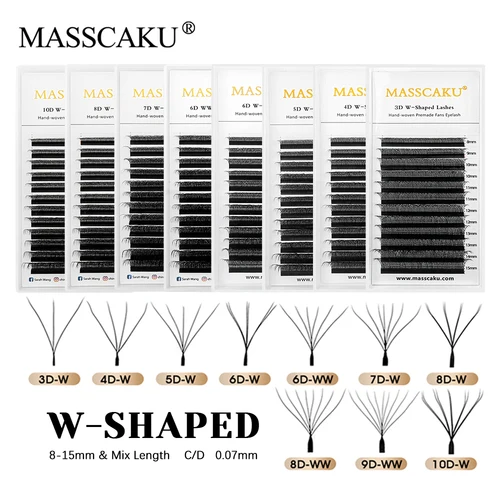 Imagen 1 del producto MASSCAKU, venta al por mayor de fábrica, pelo sintético rizado C D, pestañas estilo W, efecto 3D, tejido a mano, forma de W, volumen prefabricado, pestañas en Stock