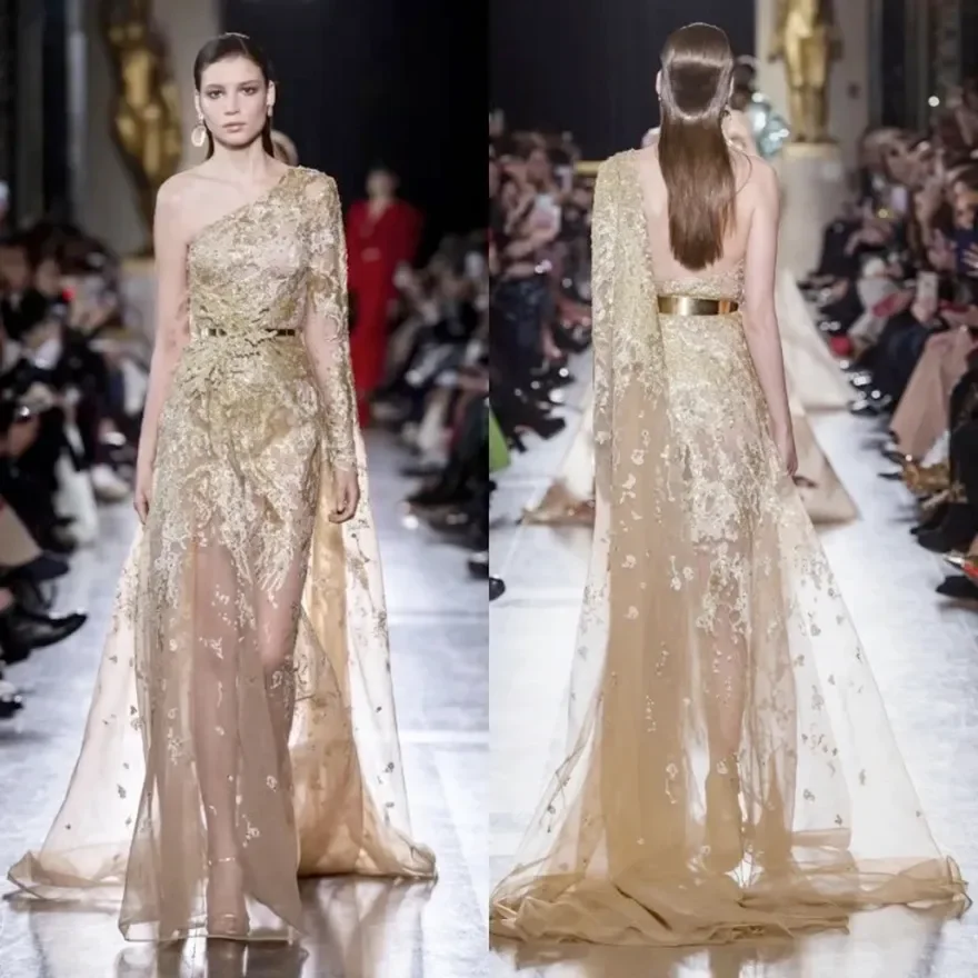 

2025 Evening Dresses Gold Appliques One Shoulder Long Sleeve Backless Prom Gowns Formal Special Occasion Dress Customized