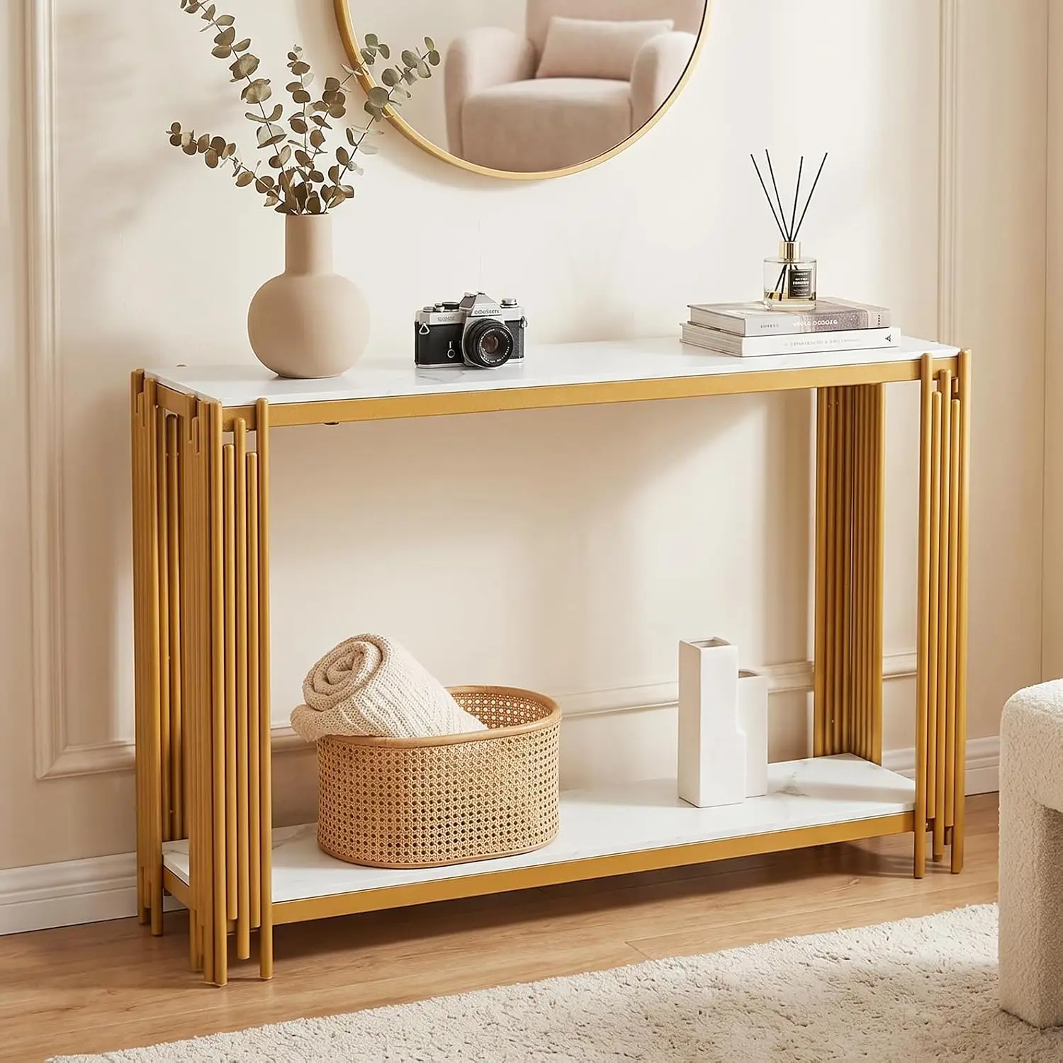 Marble Console Table Gold Metal Legs Rectangular Faux Entryway Modern Luxury Wood Sofa Table Living Room Small Space, Customized view 2