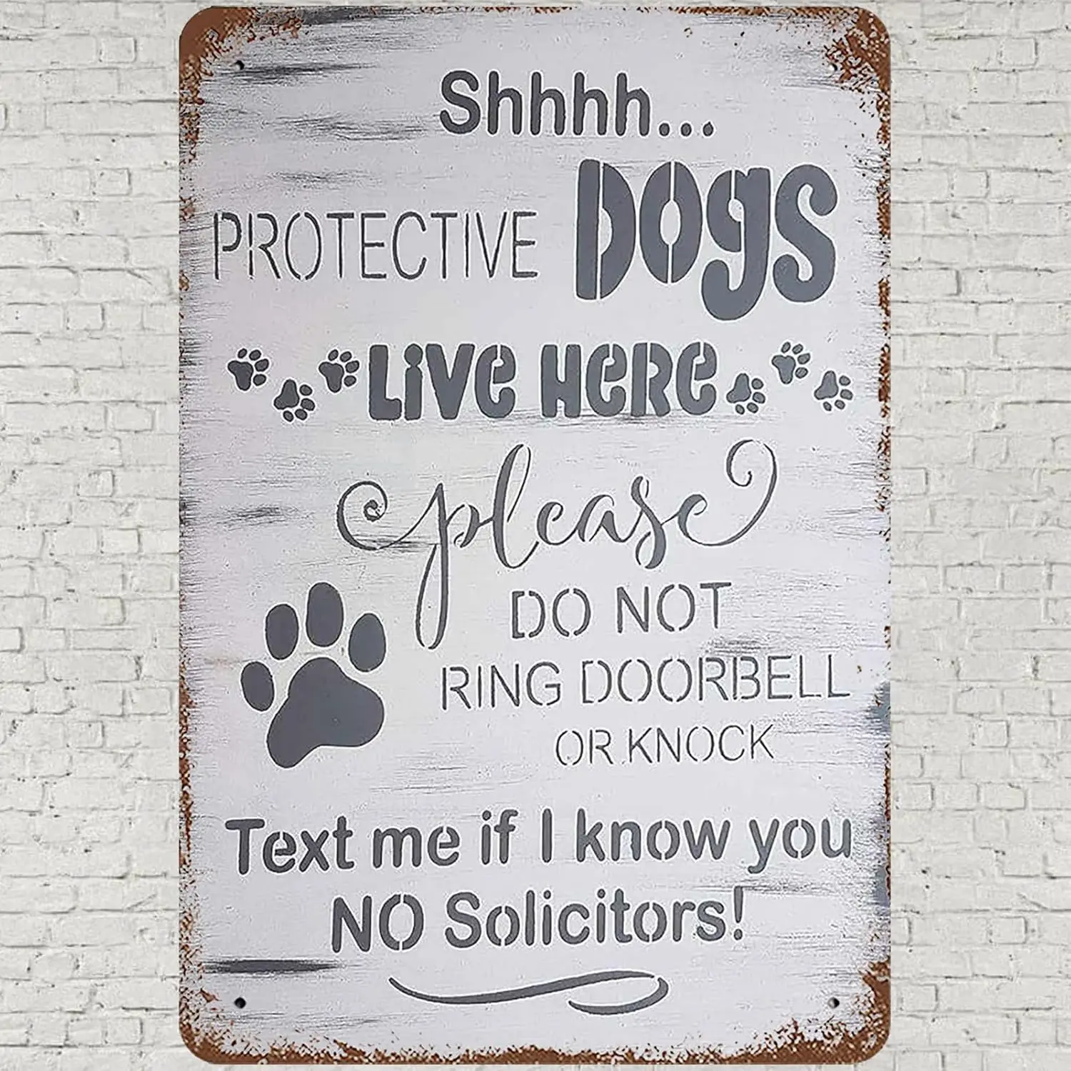 Vintage Metal Tin Sign 8x12, Shh Protective Dogs Wall Art Decor, No Soliciting Do Not Knock Or Ring Doorbell Text Me Poster for