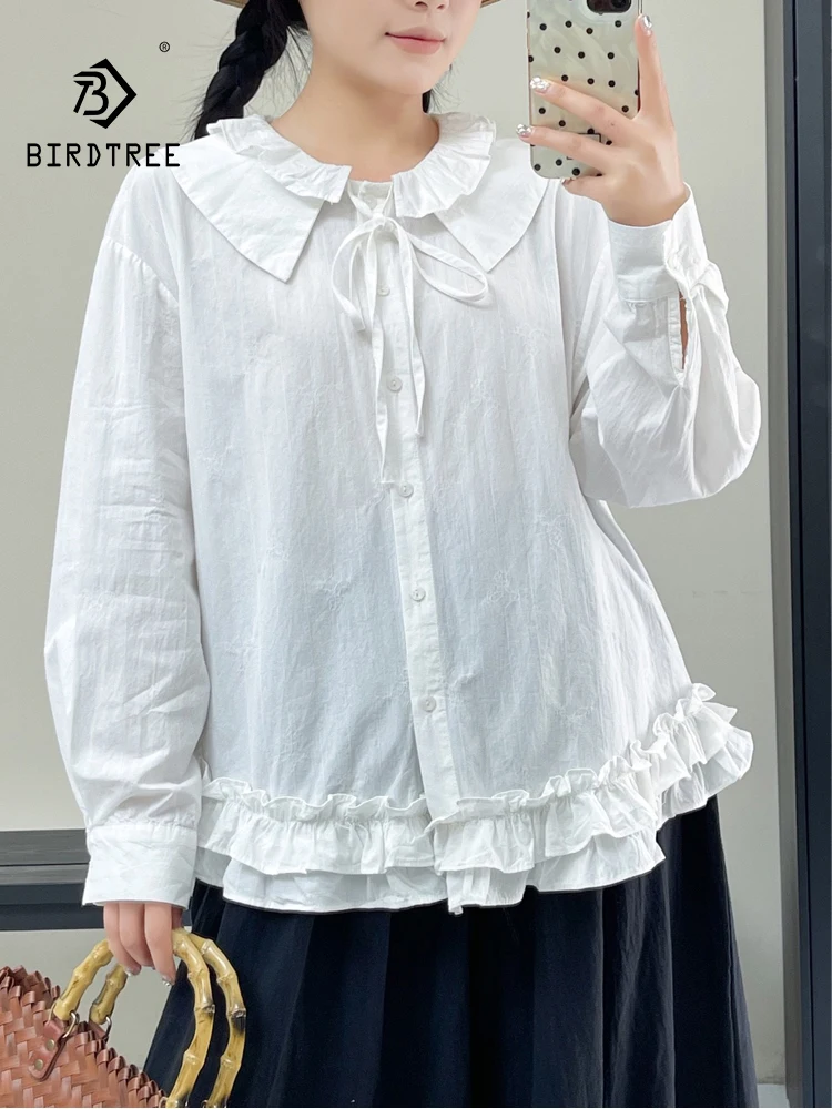 

New 2026 Spring Women Cotton Long Sleeve Shirt, Ruffled Lace-up, Mori Girl Age Reduction Versatile Loose Doll Blouse T61749CC