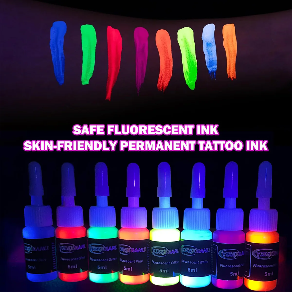 

Fluorescent tattoo ink set, 8 colors 5ml/bottle professional tattoo fluorescent ink, suitable for a variety of tattoo scenes