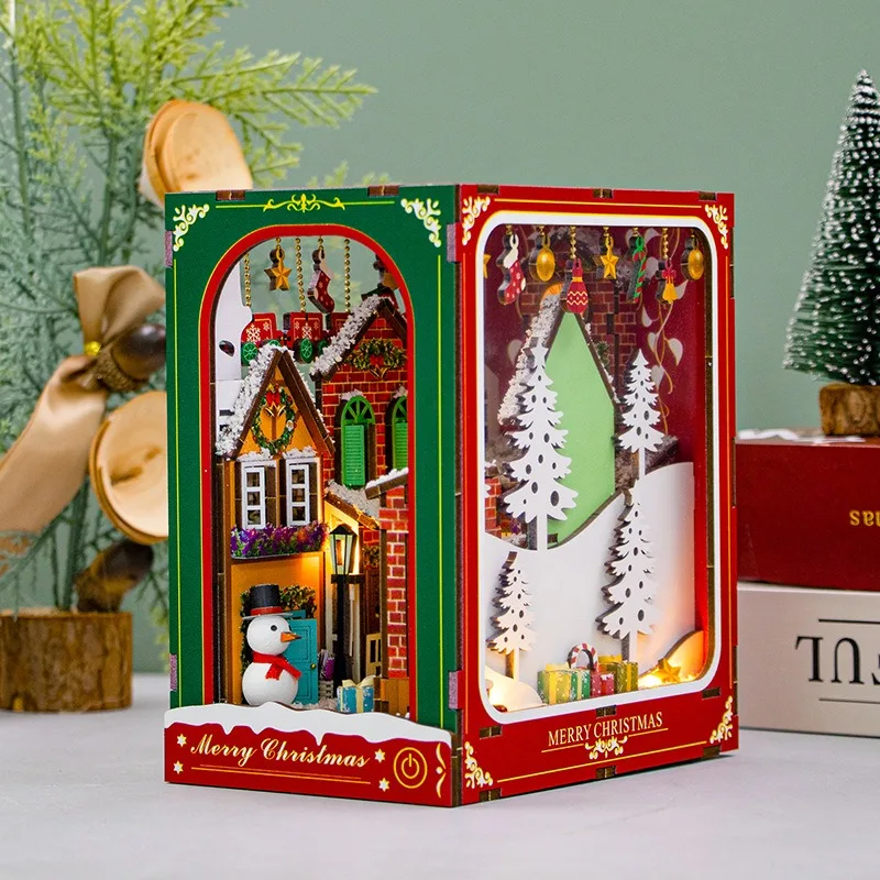 

DIY Wooden Christmas Book Nook House Kit - 3D Puzzle Miniature Cabin Model, Creative Bookshelf Decor, Unique Holiday Gift Craft