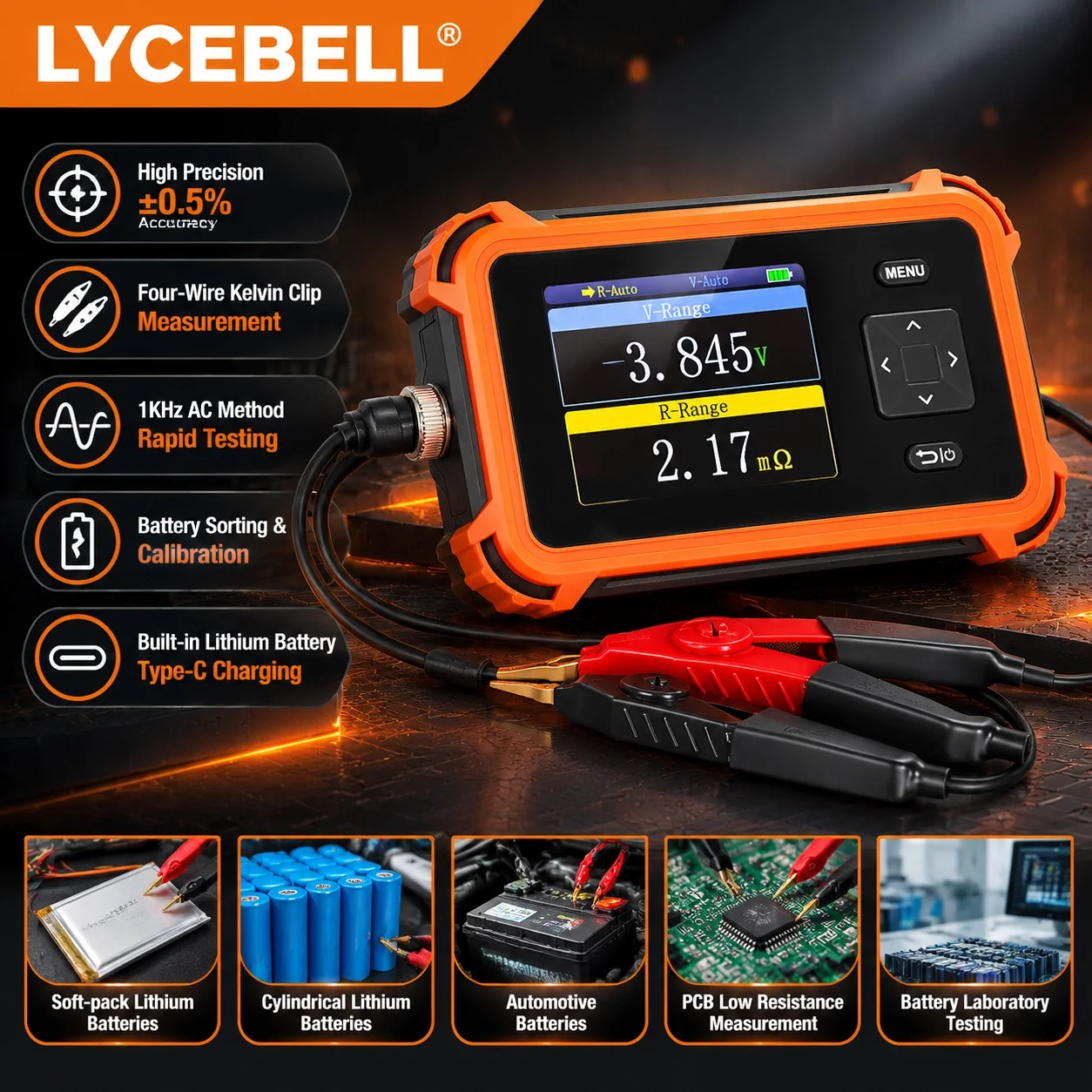 Internal Resistance Tester 4-Wire Kelvin 0-100Ω ±0.5% 1kHz AC -110V~+110V for Li-ion Lead-Acid Alkaline