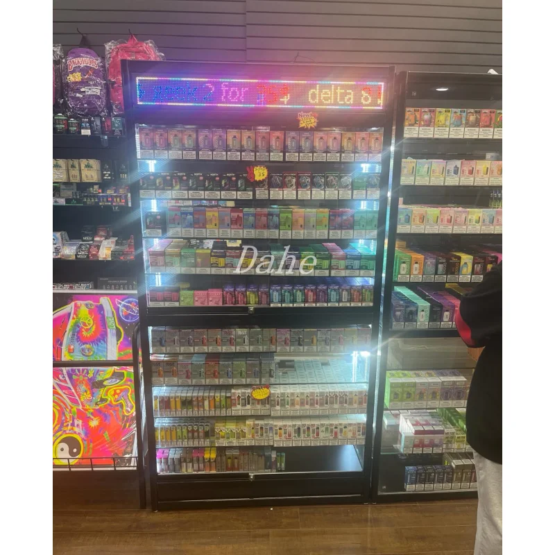 

custom.Smoke Shop Decor Led Scrolling Screen Glass Display Showcase with Lights Retail Store Aluminum Glass Cabinet