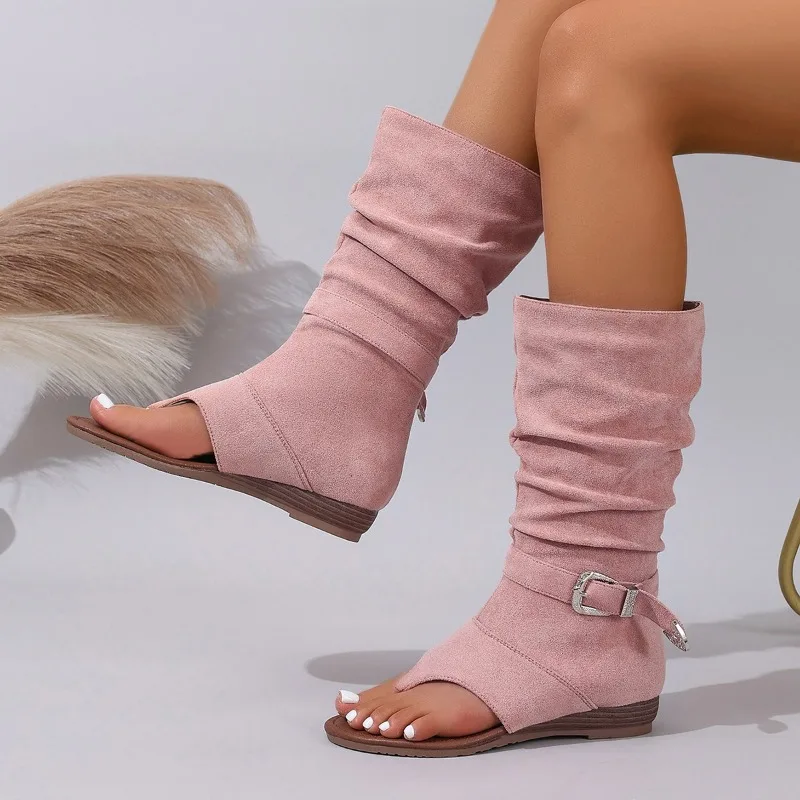 

2025 Summer New Sandals Round Toe Clip Toe Flat Inside Increasing Suede Soft Sole Non-slip Stack Boots