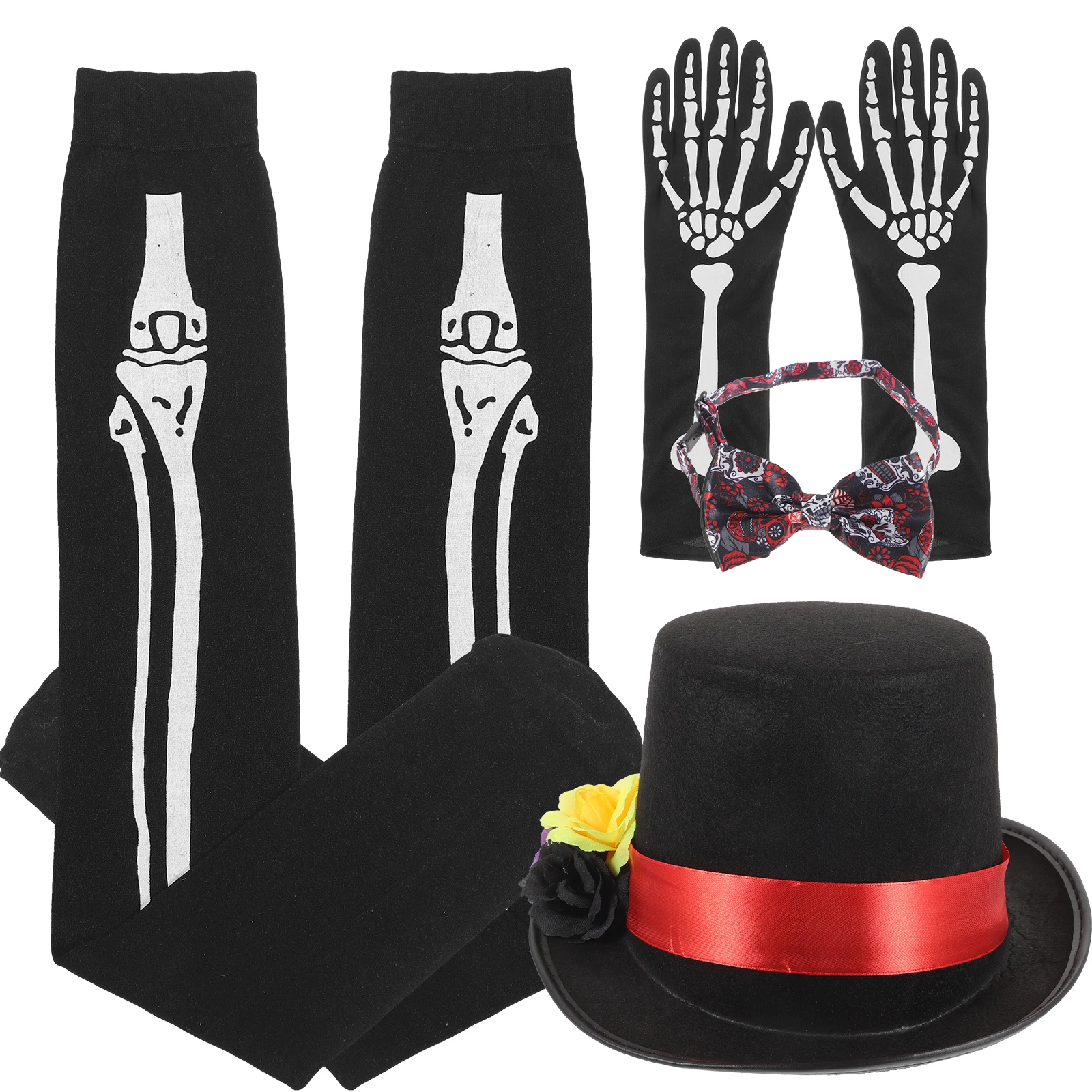 

Skull Flower Hat Tie Gloves Socks Set Halloween Costumes Props Decorative Cap Bow Tie Accessories Cosplay Party