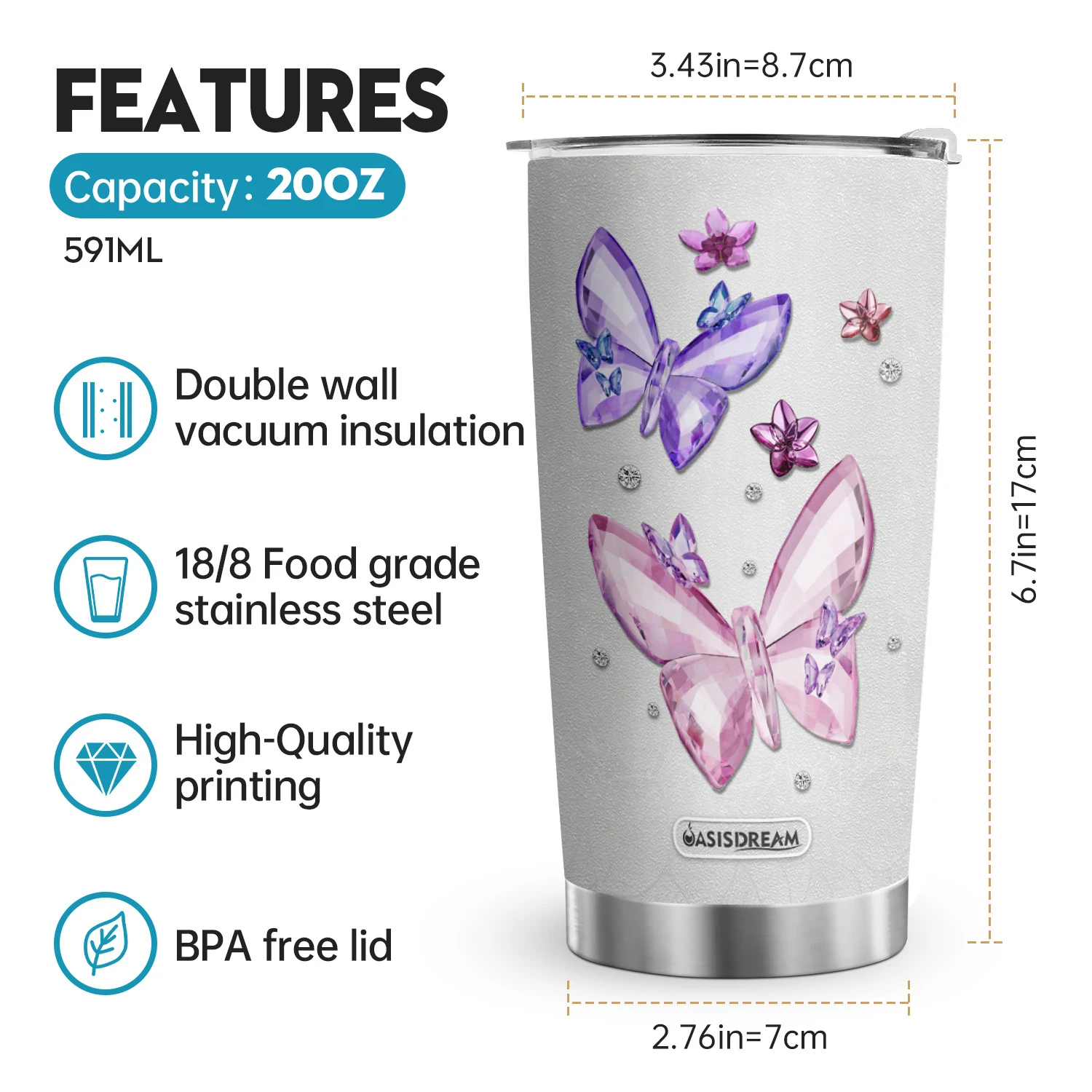 1pc 20oz Tumbler Printed Crystal Jewelry Butterfly Gift for Women This Lady is One Awesome Mom Cup Insulated Travel Coffee Mug