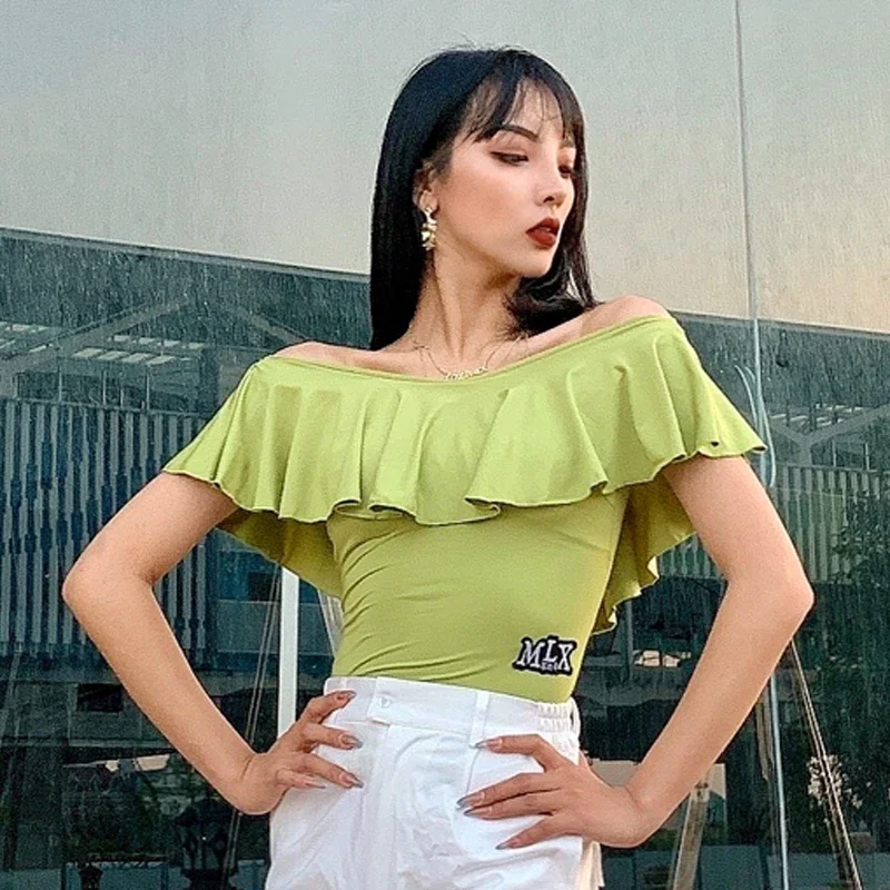 

Boat Neck Latin Dance Tops Women Ruffle Off-Shoulder Shirt Adult Practice Wear Tango Salsa Performance Dancing Costume YS1227