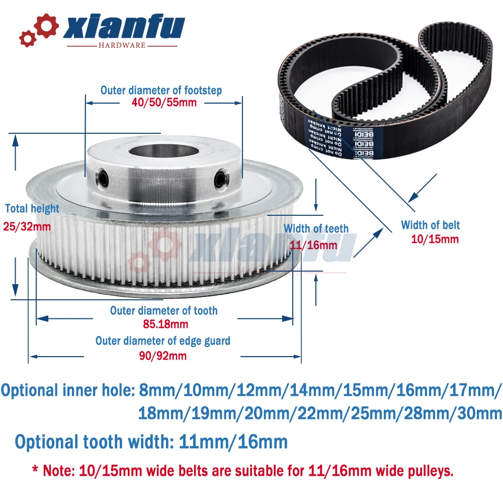 HTD3M 90 Teeth Timing Pulley BF Aluminum 3M Bore 8/10/12/14/15/16/17/18/20/22/25/28mm HTD 90T Wheel 90Teeth Belt Width 10/15mm