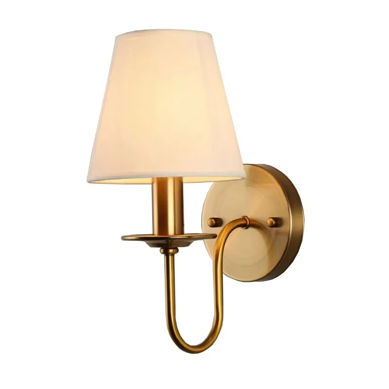 American Vintage Gold Metal Wall Sconce with Fabric Shade Indoor Bedside Wall Lamp for Bedroom Hotel Hallway E14 Socket