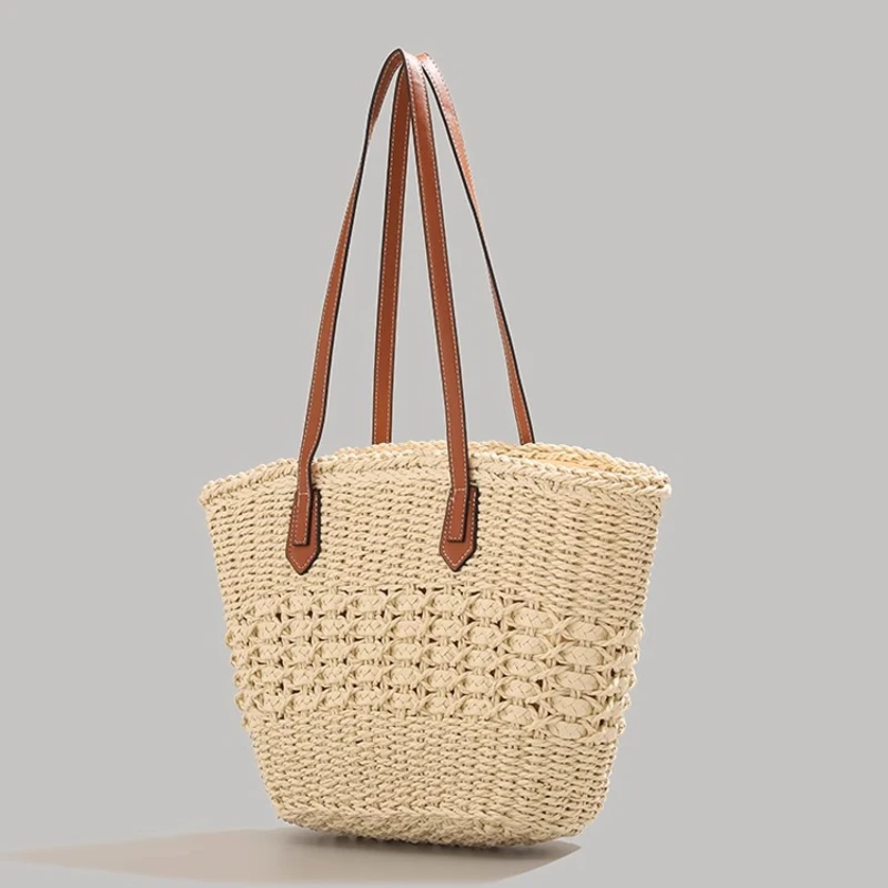 Extra-Large Foldable Straw Tote for Summer Travel Water-Resistant Beach Bag with Zippered Pockets for Gym/Laundry Storage Needs