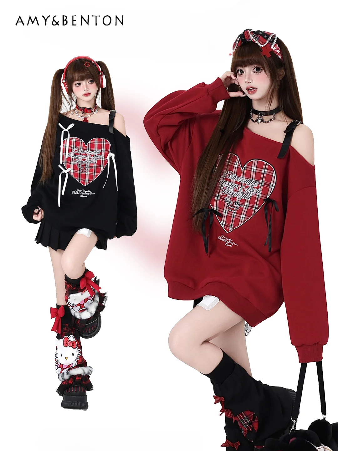 

Sweet Cool Subculture Sexy Off Shoulder Leather Buckle Love Plaid Bow Loose Hoodies Autumn New Hot Girl Y2K Oversized Hoodie