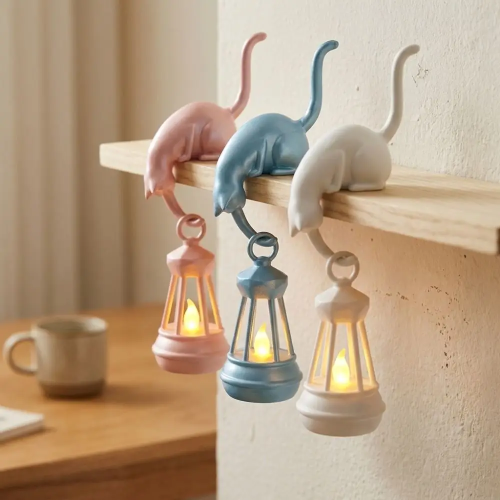 3D Printed Cat Wall Hook Light Cute Figurine with Lantern Cat Shaped Hook Animal Shaped Artistic Cat Decor Lamp