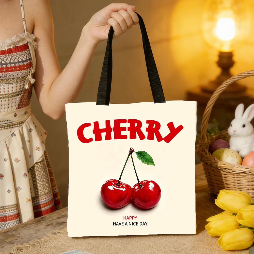 Cherry Print Tote Bag Minimalist Cream Base with Bold Red “CHERRY” Lettering for Beach Trips 35x40cm Handbag