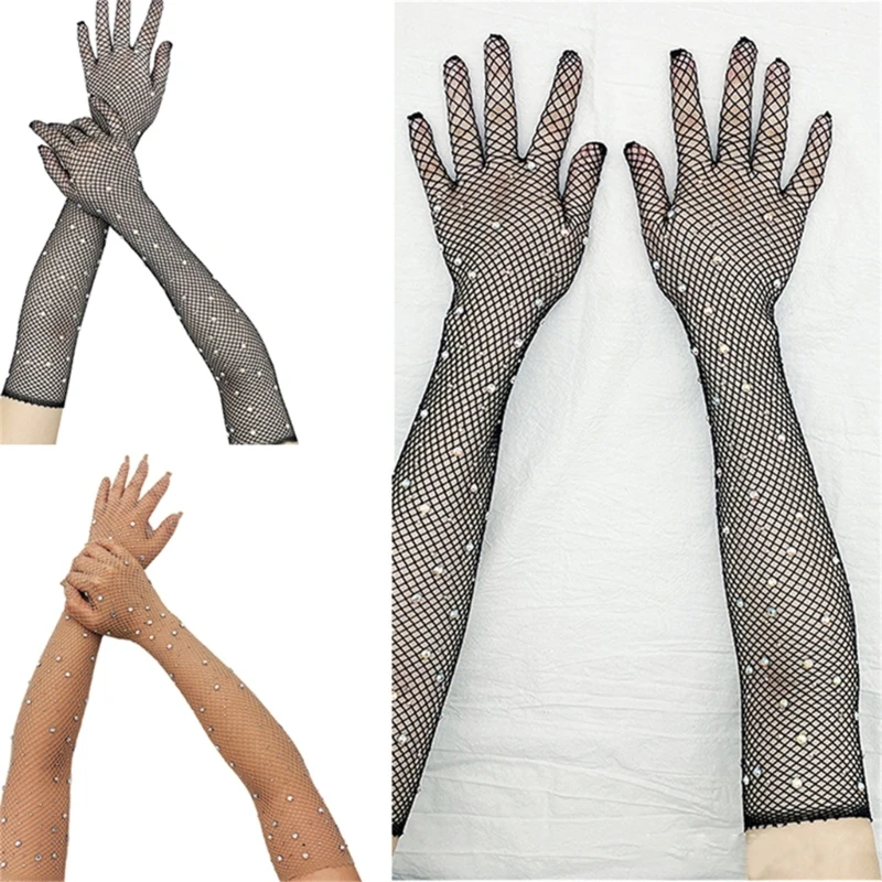 Guantes largos rejilla para mujer, guantes largos malla, guantes baile, guantes largos con diamantes imitación,