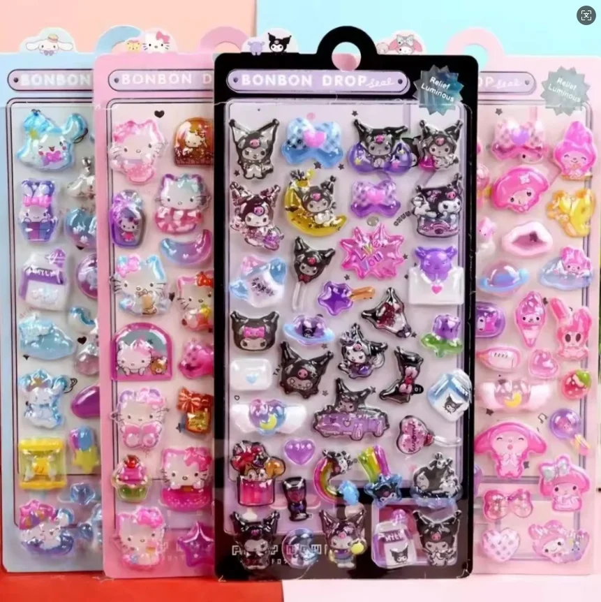 8 قطع KT Kuromi Melody الأصالة مضيئة ثلاثية الأبعاد الإغاثة ملصق مقاوم للماء محبوب ملصقات الزخرفية الكرتون الكريستال ملصق #2