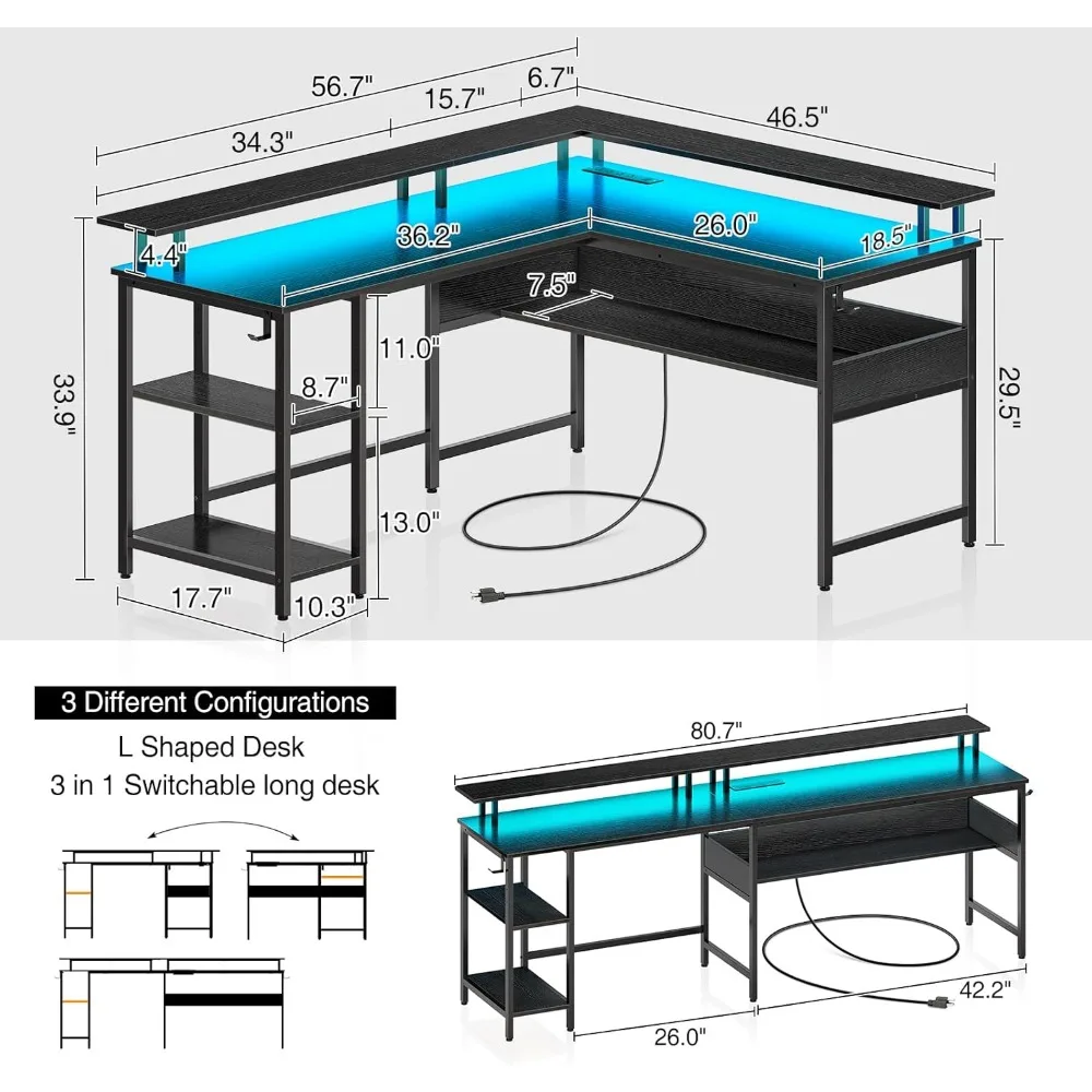 Computer Desk L Shaped 56.7" with LED Lights and Power Outlets, Reversible L Shaped Gaming Desk with Monitor Stand with Storage