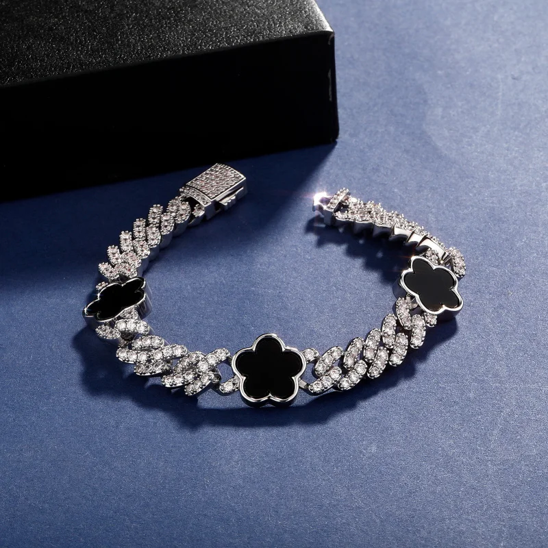 

European and American Hip-Hop Five-Petal Flower Zircon Spring Buckle Cuban Bracelet Personality INS Trendy Men's Accessories