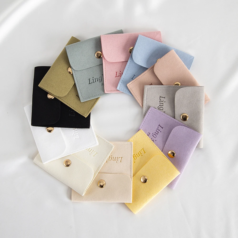 50pcs Lovely Personalized Logo 8x8cm Microfiber Jewelry Snap Bag Velvet Gift Packaging Storage Pouch Wedding Favors Candy Pocket