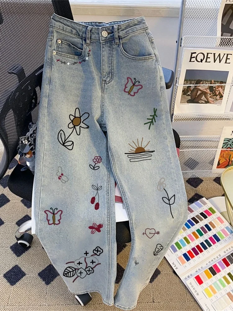 

High Waist Straight Leg Denim Jeans Women's Summer Trendy Print High Street Wide Leg Pants Comfortable Fit Blue Denim Jeans