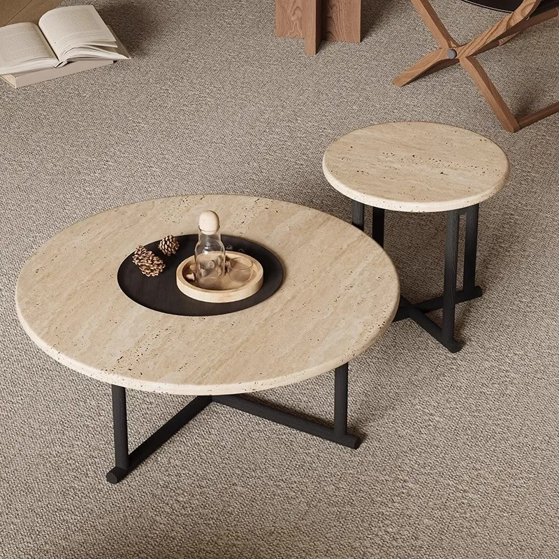 โต๊ะกาแฟหินอ่อนธรรมชาติ ห้องนั่งเล่น บ้านพักอาศัย อพาร์ทเมนต์ขนาดเล็ก ปี 2024 ใหม่ โฮมสเตย์ สไตล์เรโทร โต๊ะกลมไม้จริง