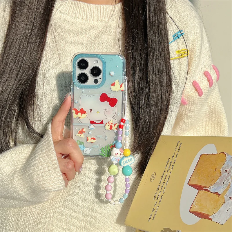 Cute Gradient Hello Kitty Clear Bling Glitter KT Phone Case For iPhone 13 14 15 16 Pro Max Lovely Cartoon Kitty Doll Wrist Strap