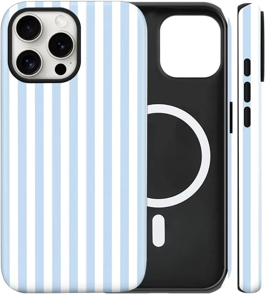 

Cute Stripes Magnetic Phone Case for iPhone 13/14, Shockproof Slim TPU and PC Cover Compatible with MagSafe in Blue and White