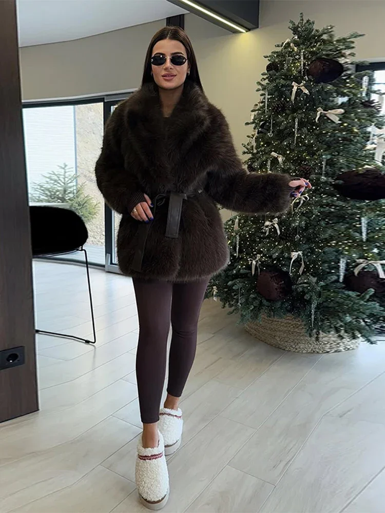 2025 Winter Pluizige Nepbont Lange Jassen Met Riem Vrouwen Chic Revers Dikke Warmte Jas Elegante Straat Dame Volledige Mouw Bovenkleding