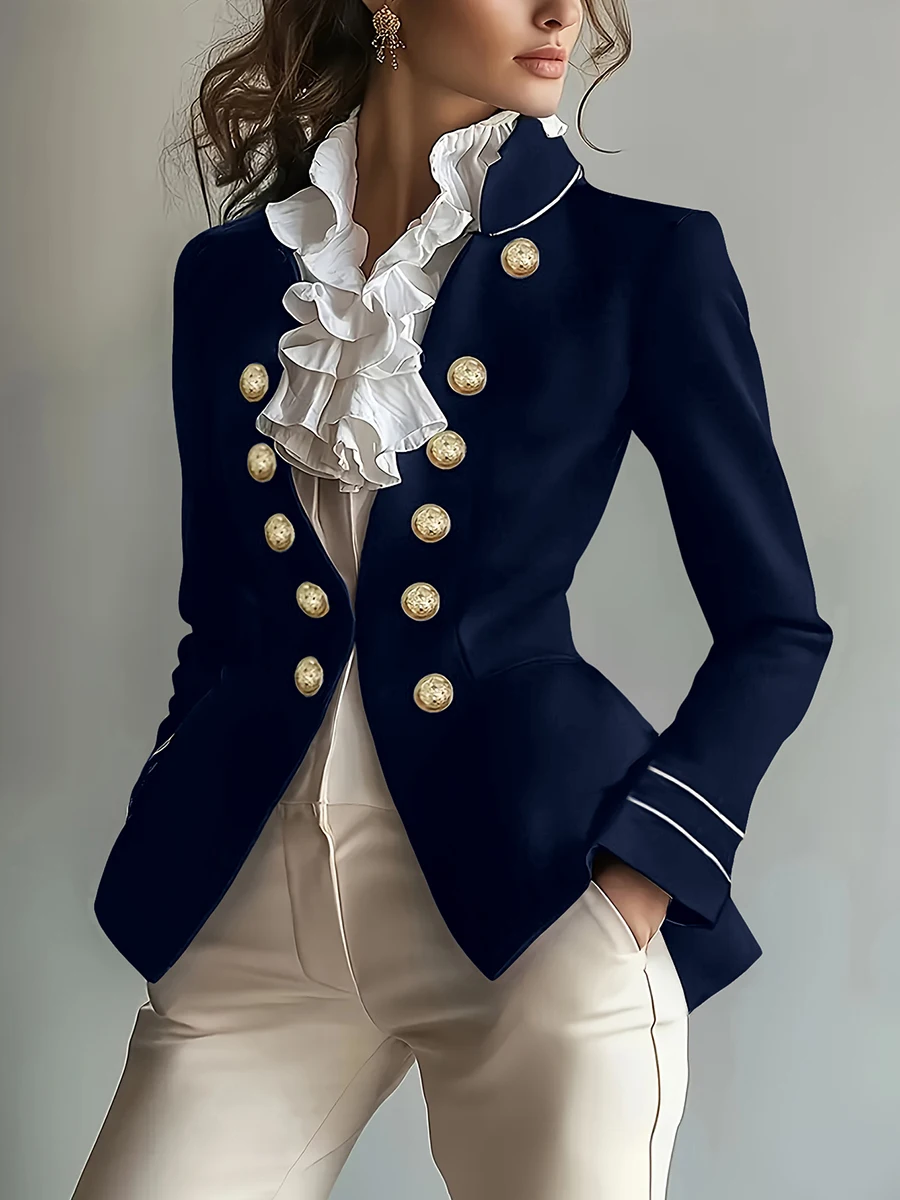 Neuer Bestseller Damen Blazer mit Rüschenkragen, Doppelreihig, Schwarz, Goldknöpfe, Schlanke Passform, Büro-Blazer, Mantel, Jacke 2026 – Detail 4