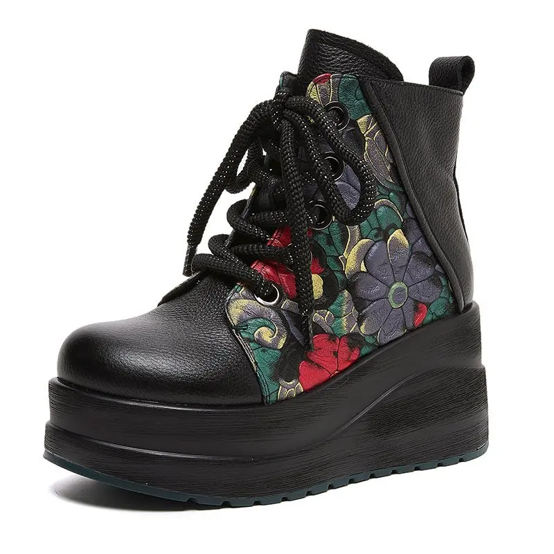 2026 New 8cm Classic Print Top Layer Cowhide Women Fashionable Boots New Elegant Thick Sole Wedge Boots High Heel Elevator Boots