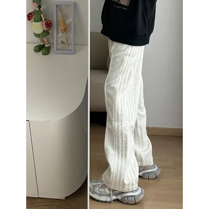 

Heavyweight Fleece Lined Straight Leg Stripe Trousers Men's Autumn Winter American High Street Slim Fit White Flower Grey Swe...