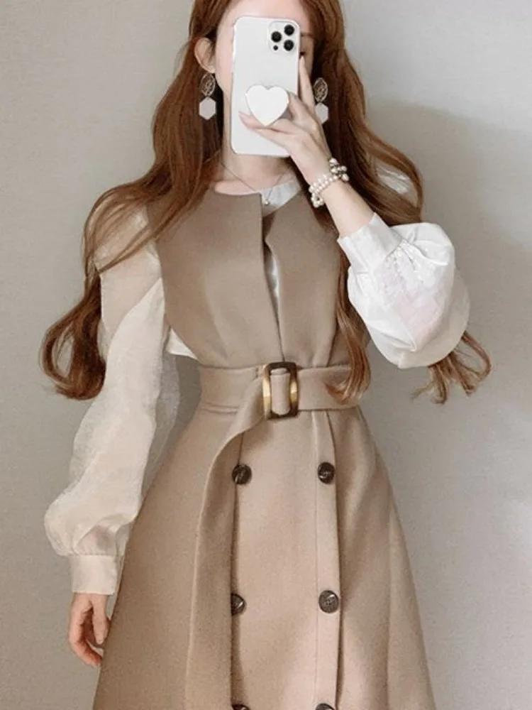 

Весенняя винтажная женская повседневная платье-миди с круглым вырезом, двойными пуговицами, приталенная, на бретельках, стандартного кроя