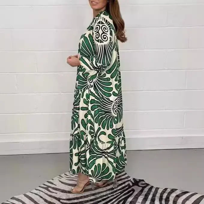 2024 novos vestidos femininos moda impressa com decote em v meia mangas vestido longo para mulher